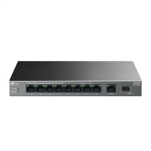 TP-Link LS1210GP, Настольный коммутатор с 9 гигабитными портами RJ45 (8 портов PoE+) и портом SFP, 802.3af/at, бюджет PoE — 61 Вт, до 250 метров