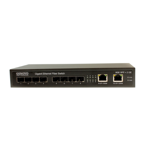 OSNOVO SW-7028 Коммутатор Gigabit Ethernet на 8 SFP + 2 RJ45 портов. Порты: 8 x GE SFP (1000Base-FX), 2 x GE (10/100/1000Base-T). Поддержка режима изоляции портов (VLAN). В комплекте БП DC12V (2A). Ра
