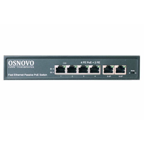 OSNOVO SW-20600/A(80W) Passive PoE коммутатор Fast Ethernet на 6 портов. Порты: 4 х FE (10/100 Base-T, 52V 4,5(+) 7,8(–)) совместимы с PoE (IEEE 802.3af/at), 2 x FE (10/100 Base-T) Uplink. Совместим с