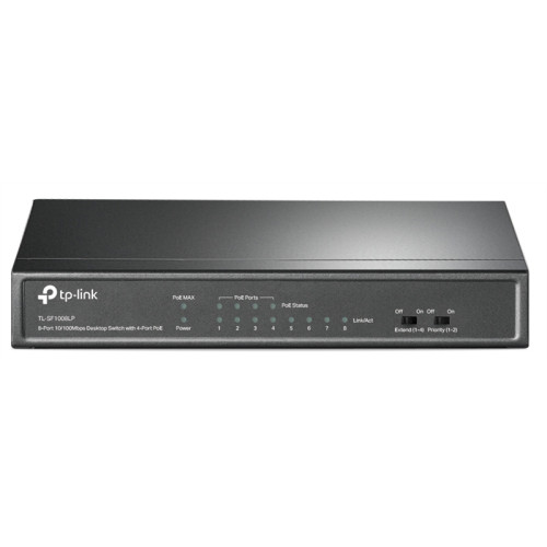 TP-Link TL-SF1008LP, 8-портовый 10/100 Мбит/с неуправляемый коммутатор с 4 портами PoE, металлический корпус, настольная установка, бюджет PoE — 41 Вт.