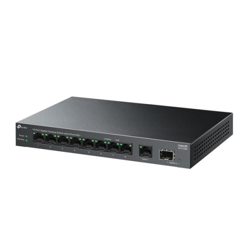 TP-Link LS1210GP, Настольный коммутатор с 9 гигабитными портами RJ45 (8 портов PoE+) и портом SFP, 802.3af/at, бюджет PoE — 61 Вт, до 250 метров