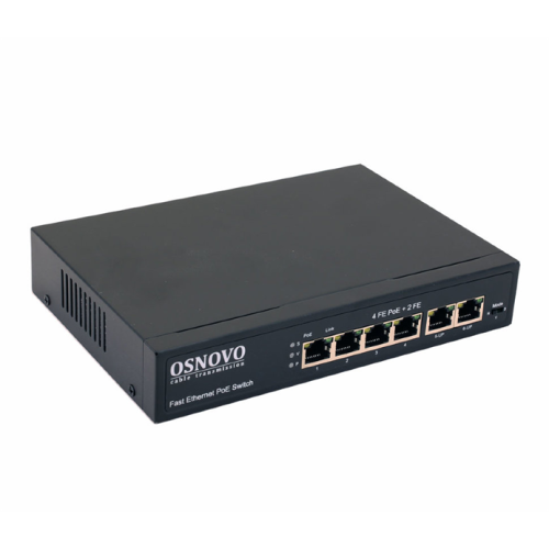 OSNOVO SW-20600(80W) PoE коммутатор Fast Ethernet на 6 RJ45 портов. Порты: 1 x FE (10/100Base-T) с PoE (до 60W, A+B) + 3 x FE (10/100Base-T) с PoE (до 30W), 2 x FE (10/100 Base-T) Uplink. Соответствуе