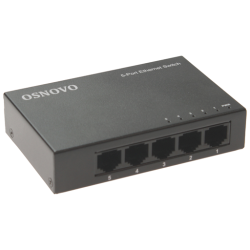 OSNOVO SW-5F Неуправляемый коммутатор Fast Ethernet на 5 портов. Порты: 5 x FE (10/100Base-TX). Auto MDI/MDIX Встроенная грозозащита 2кВ. В комплекте БП DC12V(1A). Размеры (ШхВхГ): 100 x 23 x 65мм. Ра