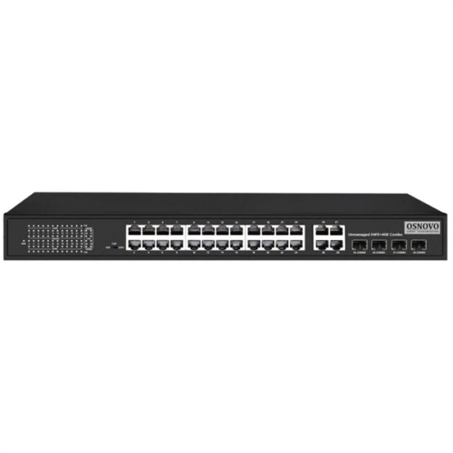 OSNOVO SW-62444(400W) PoE коммутатор Fast Ethernet на 24 x RJ45 портов + 4 x GE Combo uplink порта. Порты: 2 x FE (10/100Base-T) с PoE (до 60W, A+B) + 22 x FE (10/100Base-T) с PoE (до 30W), 4 x GE Com