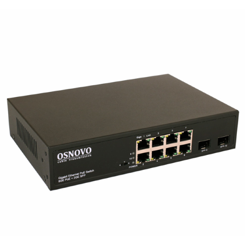 OSNOVO SW-80802(150W) PoE коммутатор Gigabit Ethernet на 8 RJ45 + 2 SFP порта. Порты: 1 x GE (10/100/1000Base-T) с PoE (до 60W, A+B) + 7 x GE (10/100/1000Base-T) с PoE (до 30W), 2 x GE SFP (1000 Base-