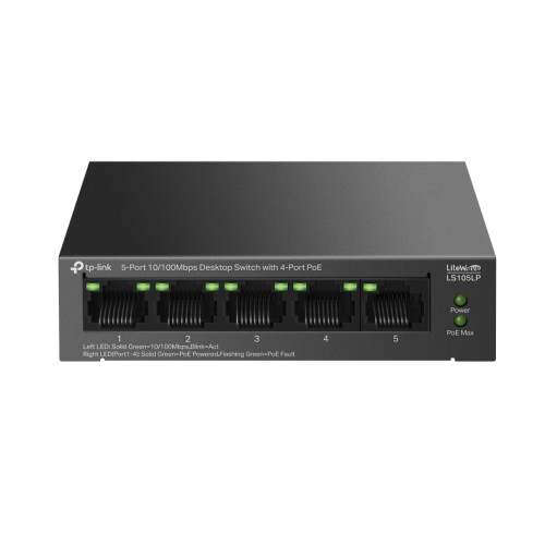 TP-Link LS105LP, Настольный коммутатор с 5 портами 10/100 Мбит/с (4 порта PoE), 802.3af, бюджет PoE — 41 Вт, до 250 метров