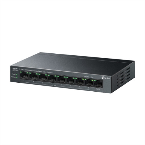 TP-Link LS109P, Настольный коммутатор с 9 портами 10/100 Мбит/с (8 портов PoE+), 802.3af/at, бюджет PoE — 63 Вт, до 250 метров
