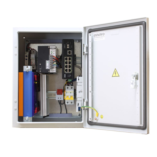 OSNOVO OS-34TB1(SW-60812/I) Уличный коммутатор с термостабилизацией и резервным питанием на базе уличной станции OSNOVO OS-34TB1. Порты: 6 x FE (10/100Base-T) с PoE (до 30W) + 2 x FE (10/100Base-T) с