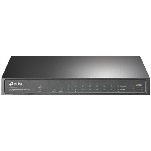 TP-Link TL-SG1210P, 10-портовый гигабитный настольный коммутатор,8 гигабитных портов PoE+, 1 гигабитный порт без PoE, 1 гигабитный SFP-слот802.3at/af, бюджет PoE: 63 Вт, стальной настольный корпус
