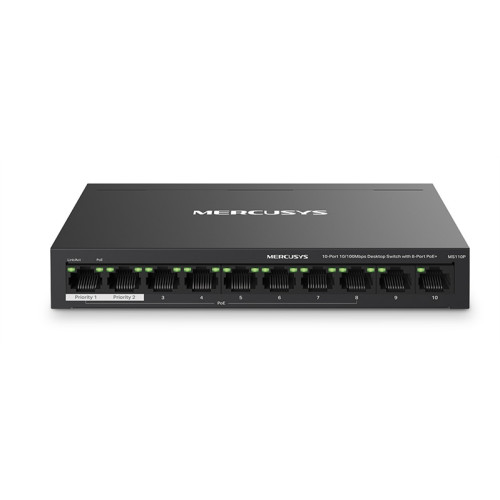 MERCUSYS MS110P, Настольный коммутатор с 10 портами 10/100 Мбит/с (8 портов PoE+) 802.3af/at, бюджет PoE — 65 Вт