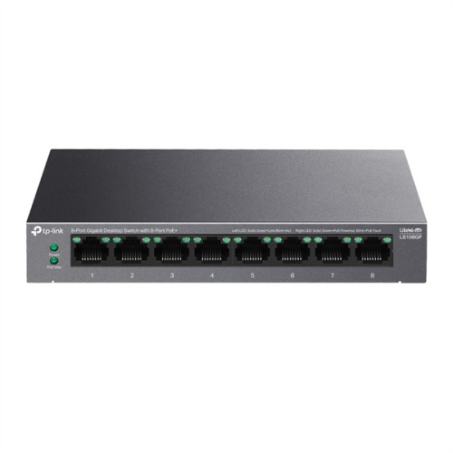 TP-Link LS108GP, 8-Port Gigabit Desktop Switch with 8-Port PoE+, 62 W, 250m