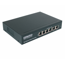 OSNOVO SW-20600/A(80W) Passive PoE коммутатор Fast Ethernet на 6 портов. Порты: 4 х FE (10/100 Base-T, 52V 4,5(+) 7,8(–)) совместимы с PoE (IEEE 802.3af/at), 2 x FE (10/100 Base-T) Uplink. Совместим с