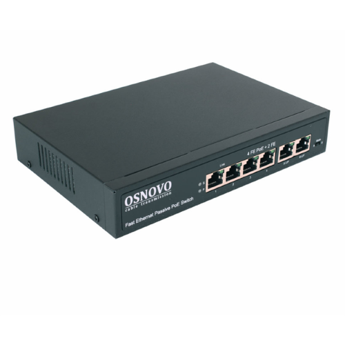 OSNOVO SW-20600/A(80W) Passive PoE коммутатор Fast Ethernet на 6 портов. Порты: 4 х FE (10/100 Base-T, 52V 4,5(+) 7,8(–)) совместимы с PoE (IEEE 802.3af/at), 2 x FE (10/100 Base-T) Uplink. Совместим с