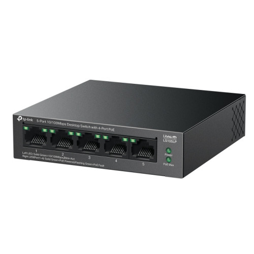 TP-Link LS105LP, Настольный коммутатор с 5 портами 10/100 Мбит/с (4 порта PoE), 802.3af, бюджет PoE — 41 Вт, до 250 метров