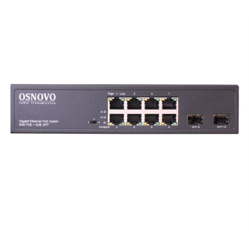 OSNOVO SW-80802(150W) PoE коммутатор Gigabit Ethernet на 8 RJ45 + 2 SFP порта. Порты: 1 x GE (10/100/1000Base-T) с PoE (до 60W, A+B) + 7 x GE (10/100/1000Base-T) с PoE (до 30W), 2 x GE SFP (1000 Base-