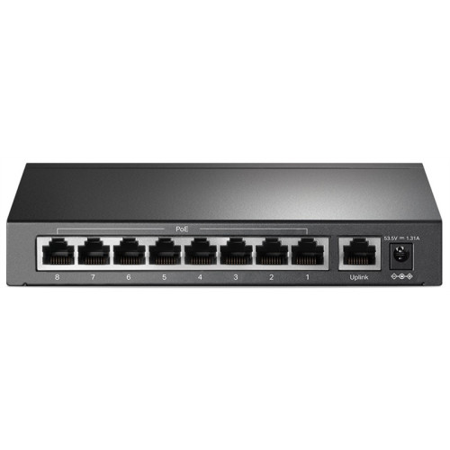 TP-Link TL-SF1009P, 9-портовый 10/100 Мбит/с неуправляемый PoE коммутатор, 8 портов PoE+, IEEE 802.3af/at, бюджет PoE 65 Вт, стальной корпус, режим Extend Mode PoE до 250 метров