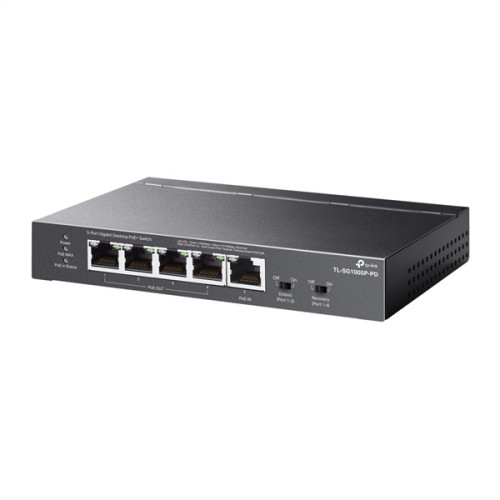TP-Link TL-SG1005P-PD, Настольный коммутатор с 5 гиг. портами (1 порт с входящим PoE++, 4 порта с исходящим PoE+), бюджет PoE: 9, 21, 47 или 66 Вт (зависит от используемого стандарта входящего PoE)