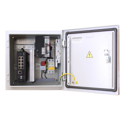 OSNOVO OS-33T1(SW-60812/I) Уличный коммутатор с термостабилизацией на базе уличной станции OSNOVO OS-33T1. Порты: 6 x FE (10/100Base-T) с PoE (до 30W) + 2 x FE (10/100Base-T) с PoE (до 60W) + 1 x GE (