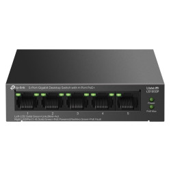 TP-Link LS105GP, Настольный коммутатор с 5 гигабитными портами (4 порта PoE+), 802.3af/at, бюджет PoE — 65 Вт, до 250 метров
