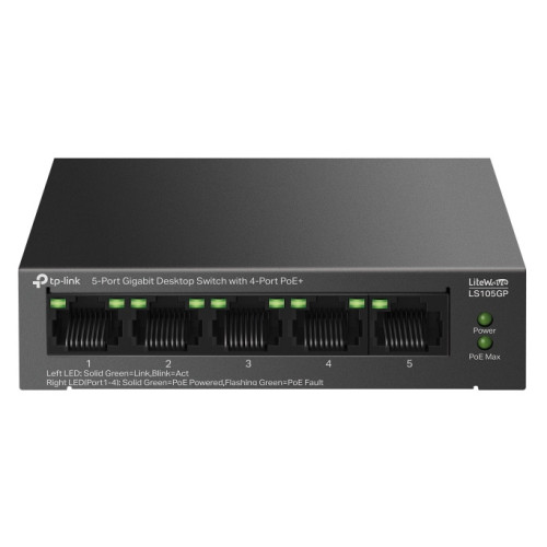 TP-Link LS105GP, Настольный коммутатор с 5 гигабитными портами (4 порта PoE+), 802.3af/at, бюджет PoE — 65 Вт, до 250 метров