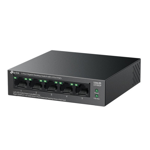 TP-Link LS105GP, Настольный коммутатор с 5 гигабитными портами (4 порта PoE+), 802.3af/at, бюджет PoE — 65 Вт, до 250 метров