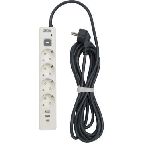Powercom сетевой фильтр, 3 метра, 4 розетки, USB-Ax2, USB Type-C, 16А/4кВт, cечение провода: 1,5мм2, цвет белый, 1 год гарантии (2066038)