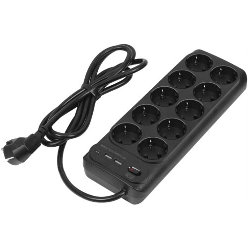 Powercom сетевой фильтр, 1,8 метра, 10 розеток, USB-Ax2, USB Type-C, 16А/4кВт, cечение провода: 1,5мм2, цвет черный, 1 год гарантии (2065238)