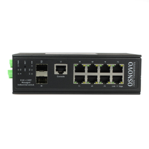 OSNOVO SW-70802/ILS Промышленный управляемый (L2+) коммутатор Gigabit Ethernet на 8GE RJ45 + 2 GE SFP порта с функцией мониторинга температуры/ влажности/ напряжения. Порты: 8 x GE (10/100/1000Base-T)