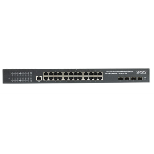OSNOVO SW-24G4X-1L Управляемый L3 PoE коммутатор на 24xGE RJ-45 c PoE + 4х10G SFP+ порта. Порты: 2 x GE (10/100/1000 Base-T) с PoE (до 90W, A+B) + 22 x GE (10/100/1000 Base-T)  с PoE (до 30W), 4 x 1G/