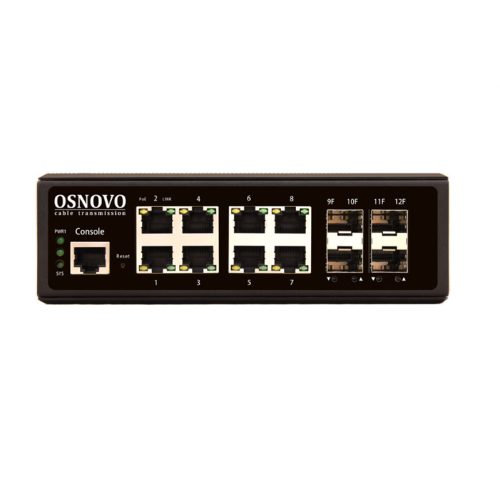 OSNOVO SW-70804/IL Промышленный управляемый (L2+) коммутатор Gigabit Ethernet на 8 GE Rj45 + 4 GE SFP порта. Порты: 8 x GE (10/100/1000Base-T) + 4 x GE SFP (1000Base-X). Уровень управления L2 (Full Ma