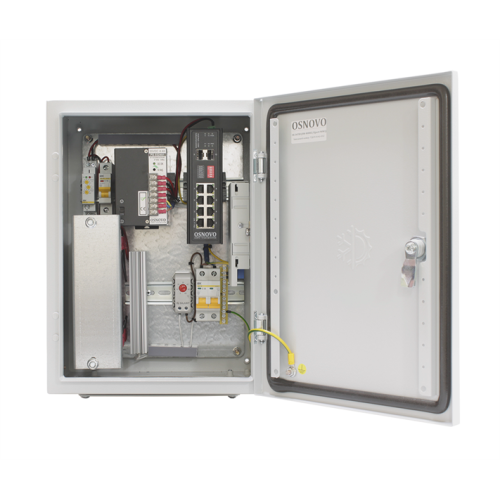 OSNOVO OS-34TB1(SW-80802/I(port 90W)) Уличный коммутатор на 10 портов с термостабилизацией и резервным питанием на базе уличной станции OS-34TB1.  Порты: 1 x GE (10/100/1000Base-T) с PoE BT (до 90W) +