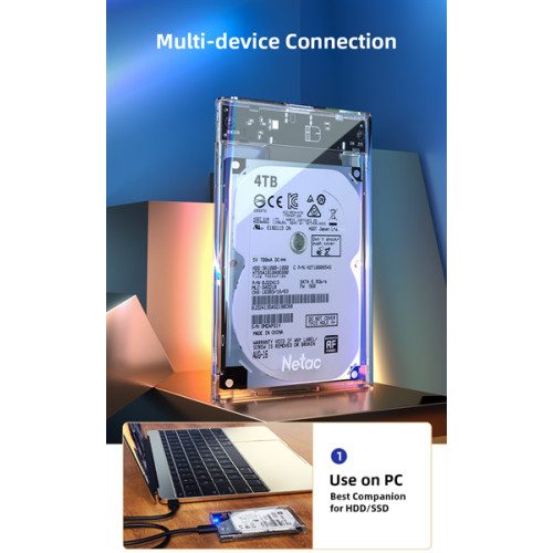 Netac WH11 2.5 SATA to USB3.0 External HDD/SSD Case, Slide Transparent Cover, with USB3.0 A to B cable