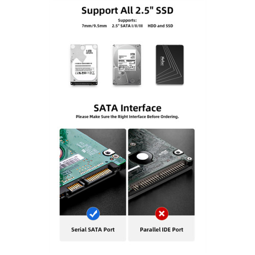 Netac WH11 2.5 SATA to USB3.0 External HDD/SSD Case, Slide Transparent Cover, with USB3.0 C to C cable