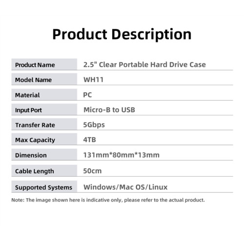 Netac WH11 2.5 SATA to USB3.0 External HDD/SSD Case, Slide Transparent Cover, with USB3.0 A to B cable