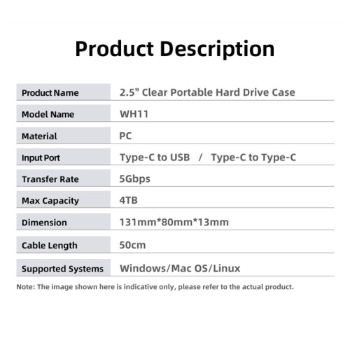 Netac WH11 2.5 SATA to USB3.0 External HDD/SSD Case, Slide Transparent Cover, with USB3.0 C to C cable